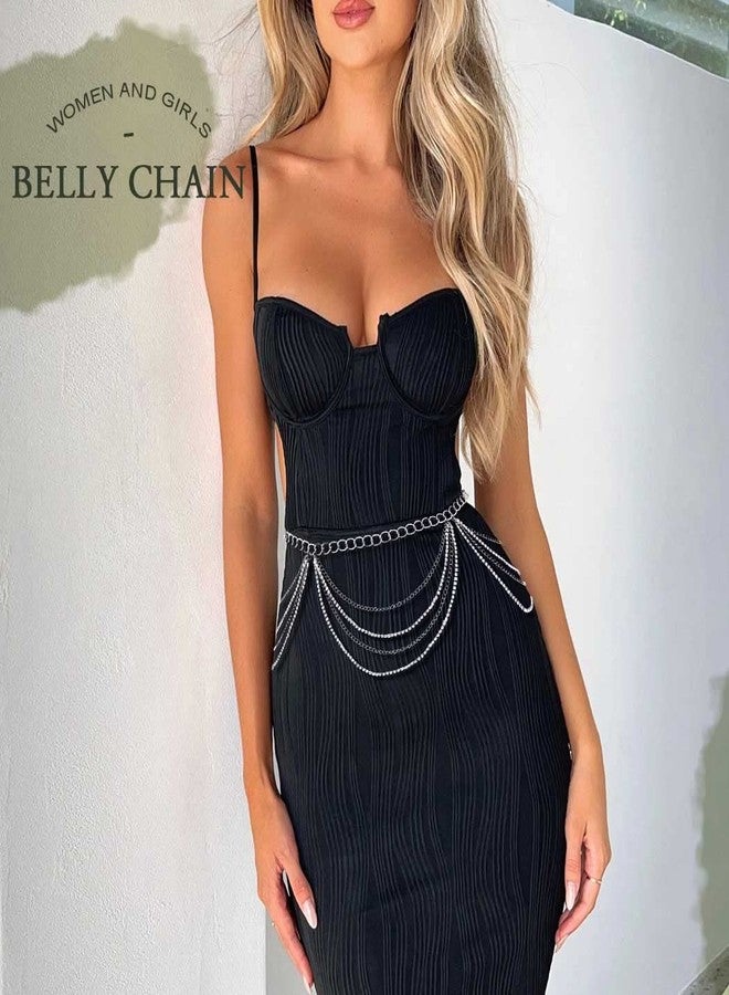 REETAN سلسلة بطن مرصعة بأحجار الراين من ريتان، إكسسوارات مجوهرات للجسم للنساء (فضية) - Image 4